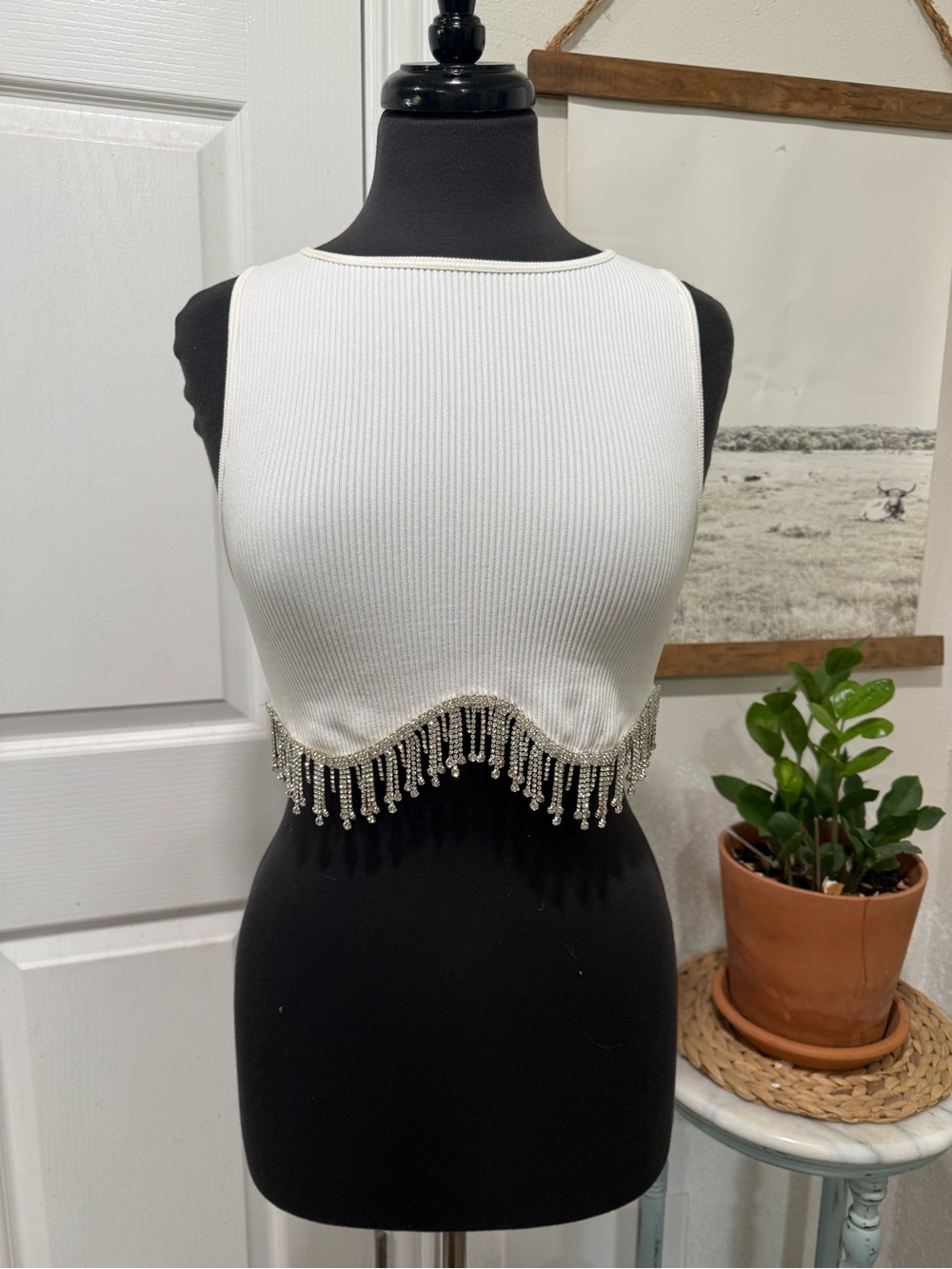 Zara Rhinestone Fringe Ribbed Contour Tank - Picture 1 of 5